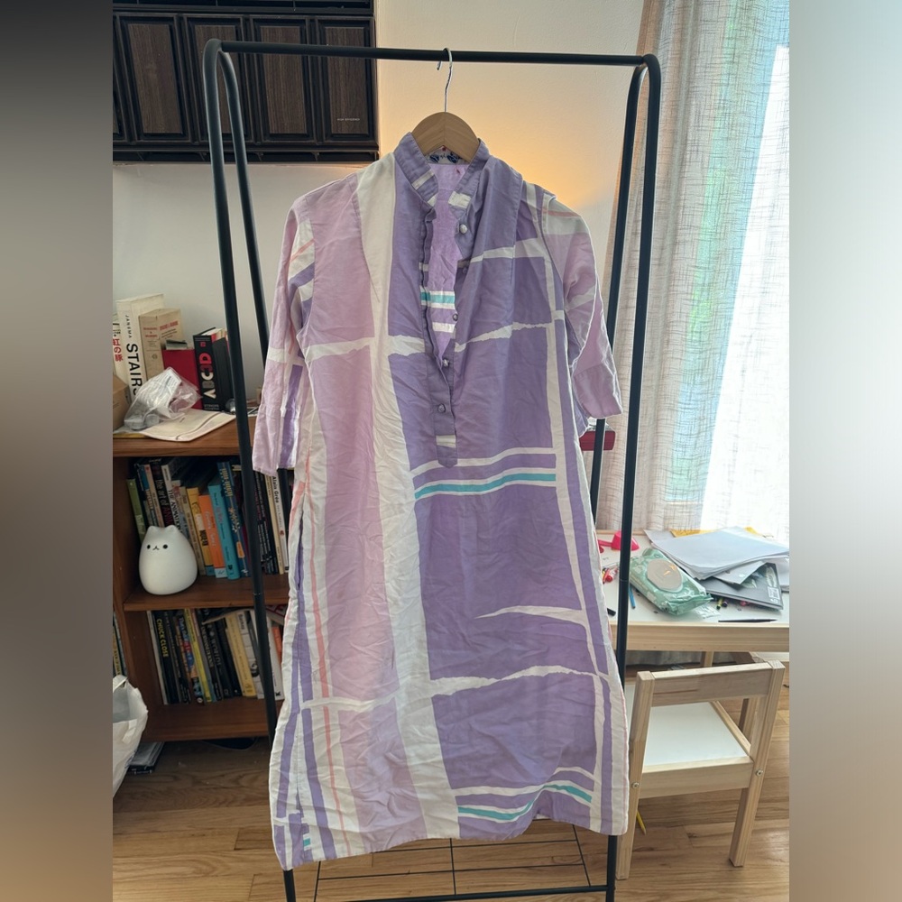 Purple Plaid Button-Front Midi Dress, Relaxed Fit